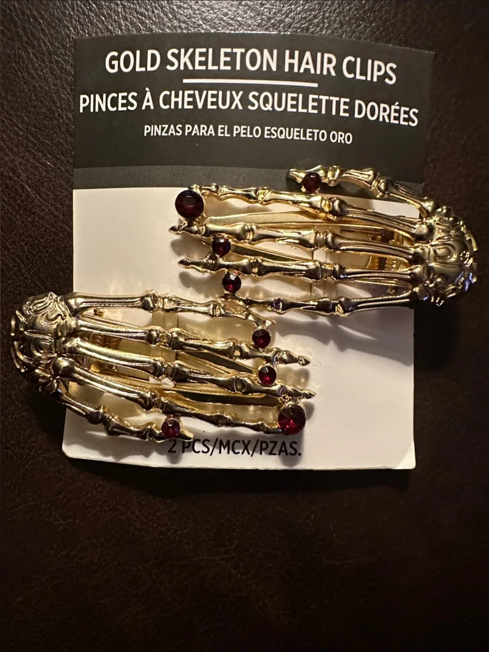 Gold-toned Skeleton Hair Clips with Red Gemstone Accents - Halloween Accessory